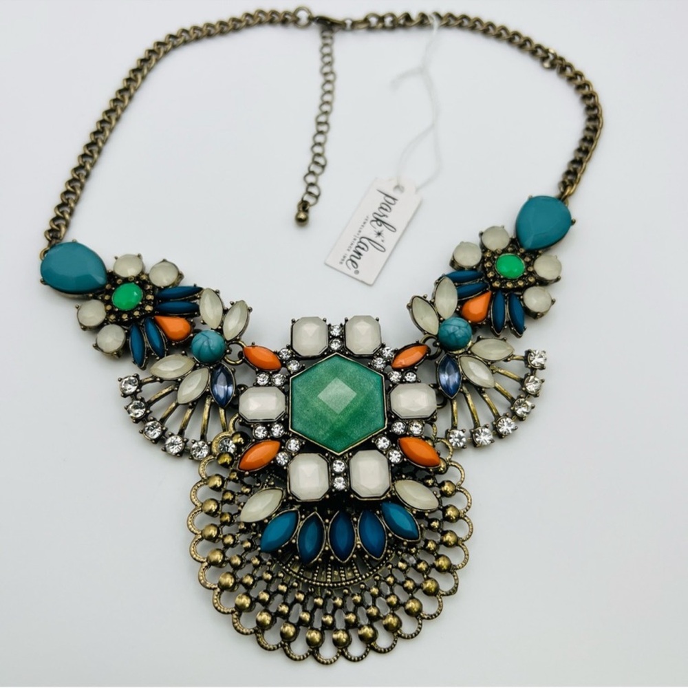 Park Lane Multicolor Statement Bib Necklace - Teal, Green, Orange, White, Blue